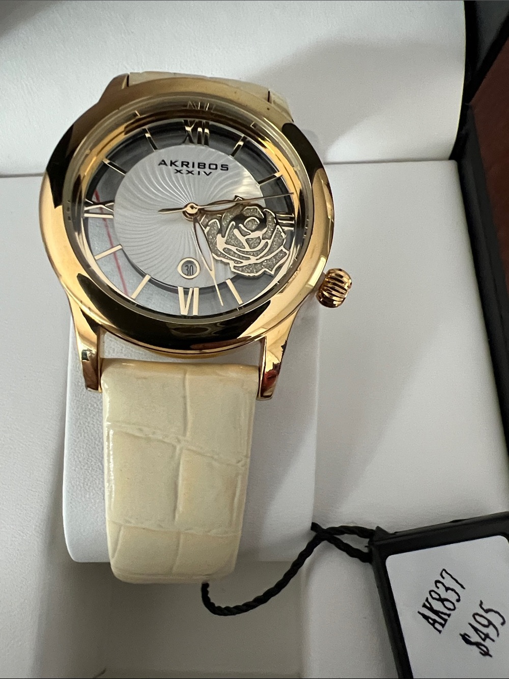 Akribos XXIV Gold-Tone Case Ivory Leather Strap Ladies Watch